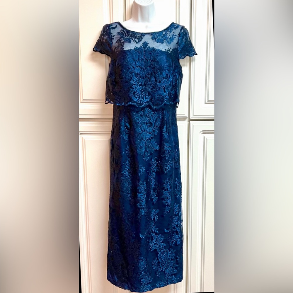 Adrianna Papell sz 6 sapphire navy blue lace sheath dress with short sleeves - Picture 6 of 6
